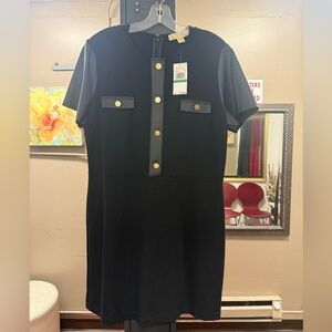 NWT Michael Kors Black Short Sleeve Henley Dress Gold Button Size L